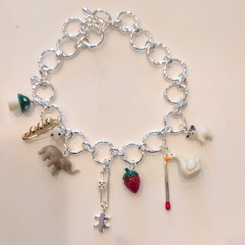 Tory Burch, Silver Charm Bracelet with Colorful Enamel Charms